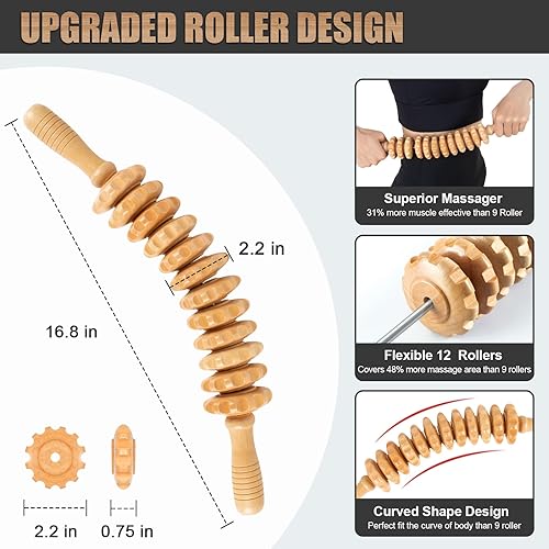 Miniatura 6 de Herramientas de masaje de terapia de madera, 12 rodillos, masajeador de madera de 16.8 pulgadas, herramienta de drenaje linfático, masajeador de