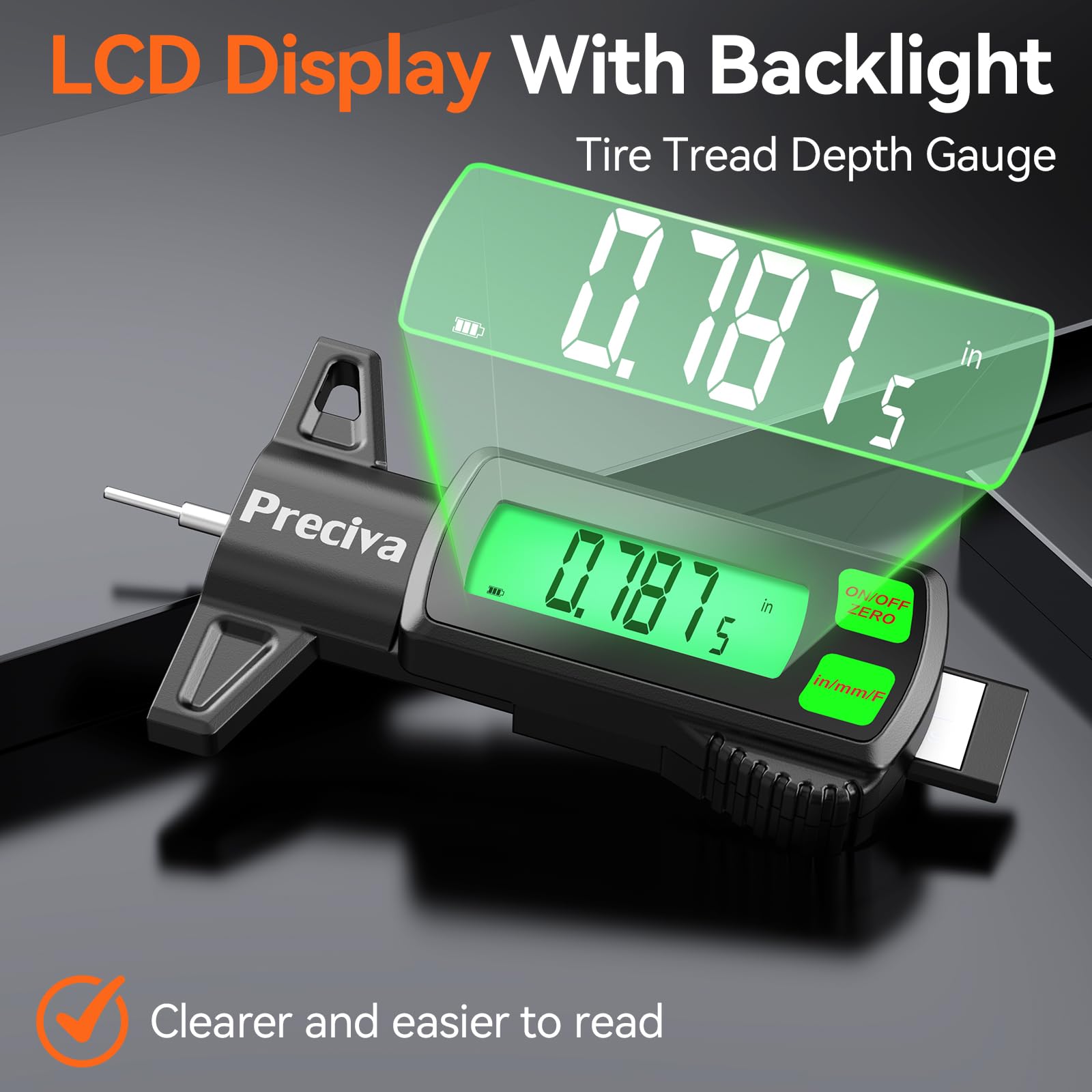 Preciva Rechargeable Tire Tread Depth Gauge, Touch Screen Digital Tire Depth Gauge with Lighting, in/MM/F Conversion, IP54 Waterproof, Auto Power Off, for Tread Depth, Brake Shoe and Pad Wear - 3