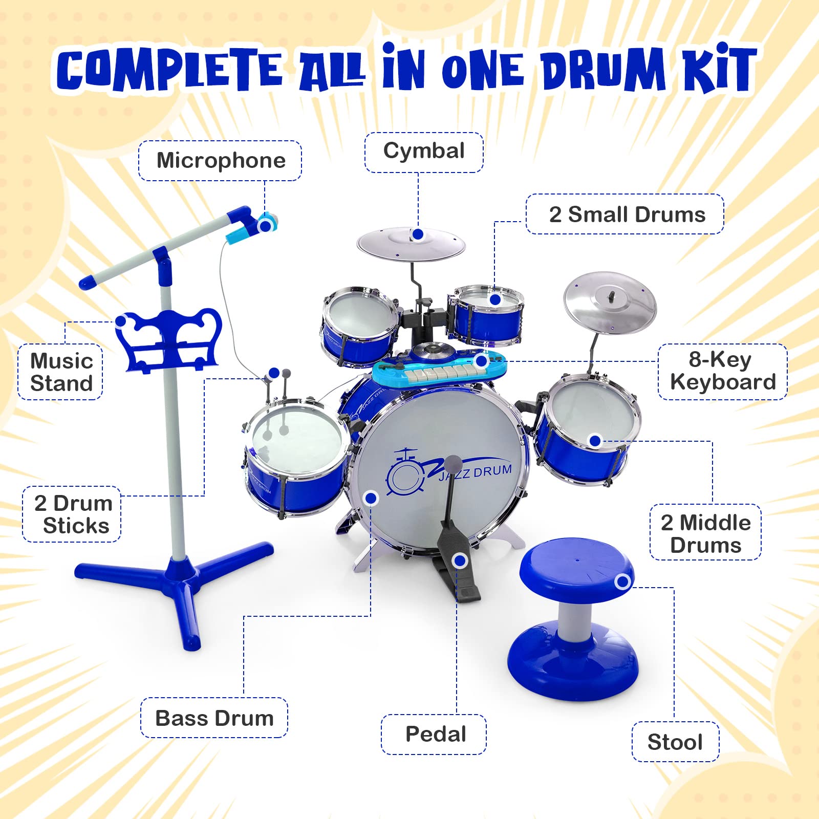 COSTWAY Kids Drum Kit with Stool, 8-Keys Keyboard, Microphone and