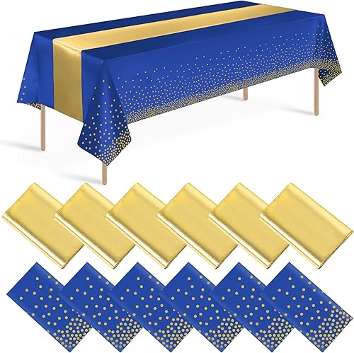 Paquete de 12 manteles y caminos de mesa azules y dorados para decoración de fiesta, mantel desechable de plástico azul real y dorado y camino de