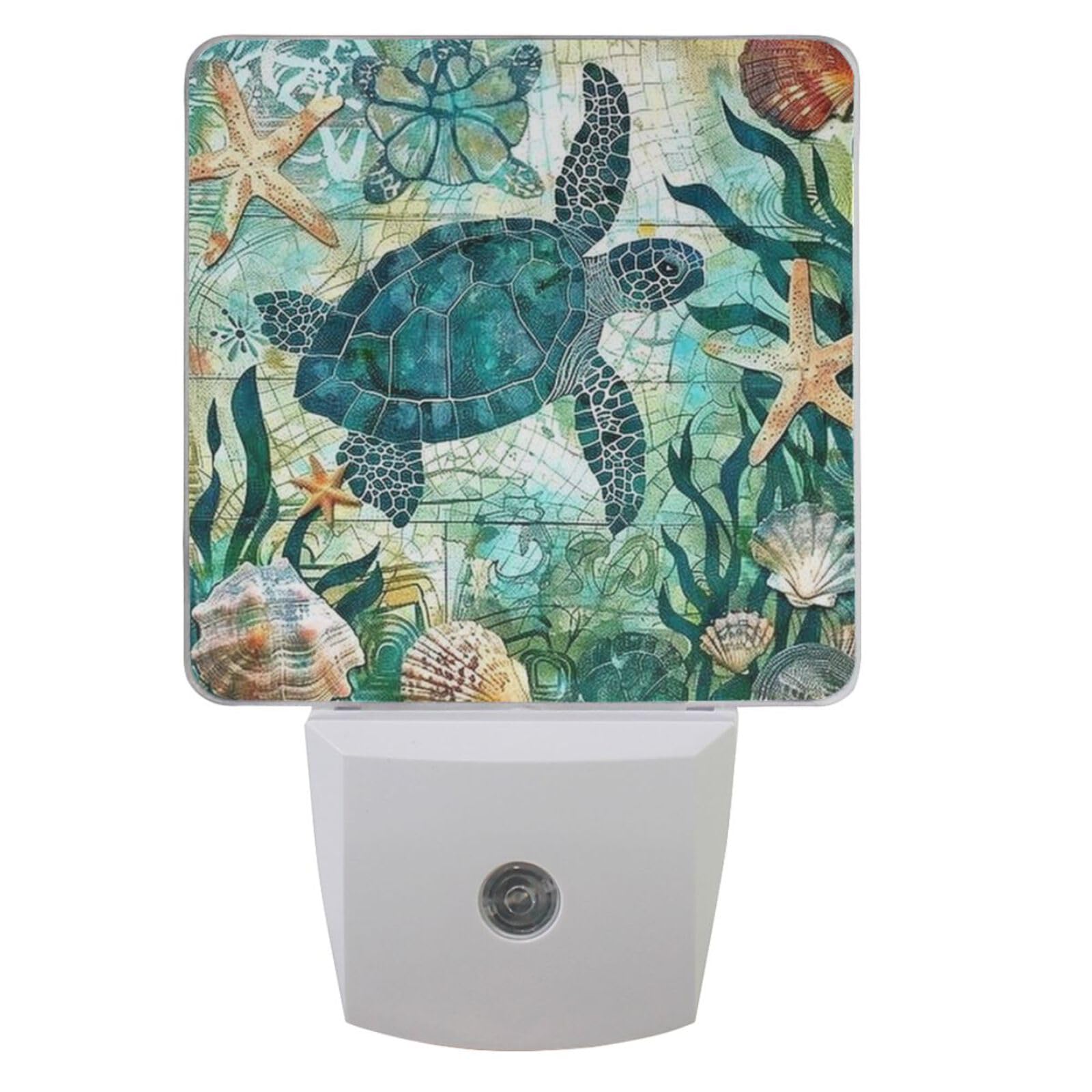Vdsrup Vintage Ocean Turtle Night Light Set of 2 Sea Starfish World Map Plug-in LED Nightlights Auto Dusk-to-Dawn Sensor Lamp for Bedroom Bathroom Kitchen Hallway Stairs