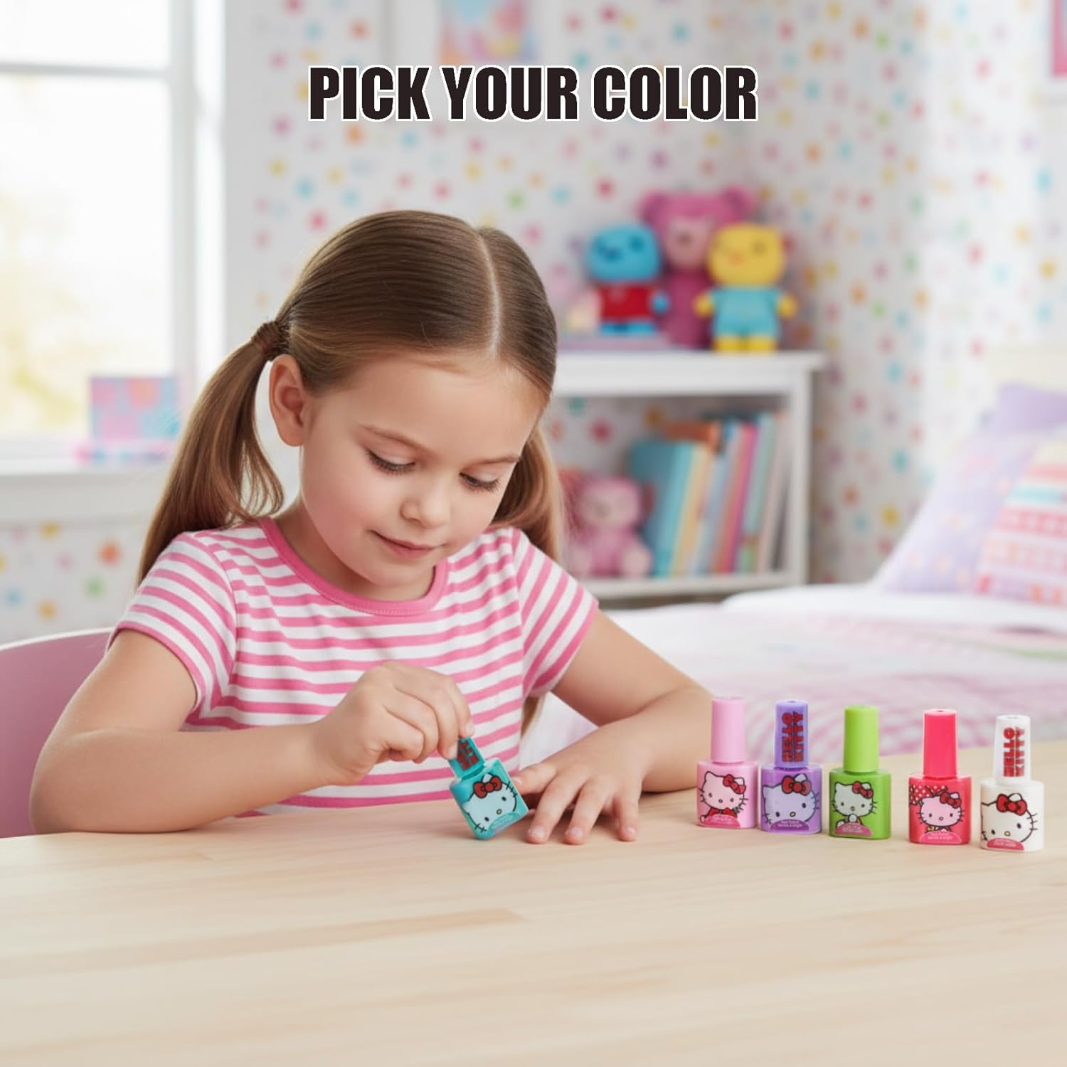 Hello Kitty Water-Based Nail Polish Set, Peel-Off Set with Glittery & Opaque Colors and Nail Accessories for Girls Kids, Perfect for Dress Up, Parties & Makeovers Ages 3+ by Townley Girl - Image 7