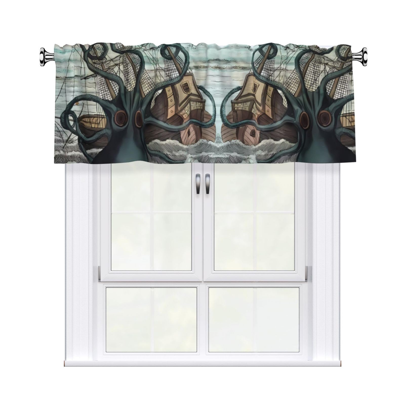 HJFCZH Octopus and boat Prints Durable Window Layer – 54x18 Inch 100% Polyester Peach Skin Valance for Long-Lasting Style