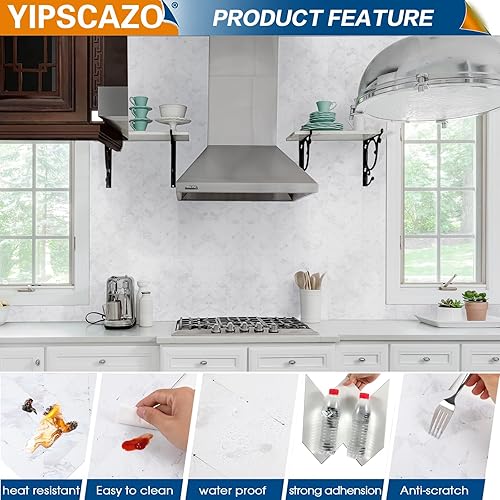 Miniatura 3 de Yipscazo Protector contra salpicaduras de espiga para despegar y pegar, para cocina, baño, lavandería (12 x 12 pulgadas, 10 hojas en piedra blanca