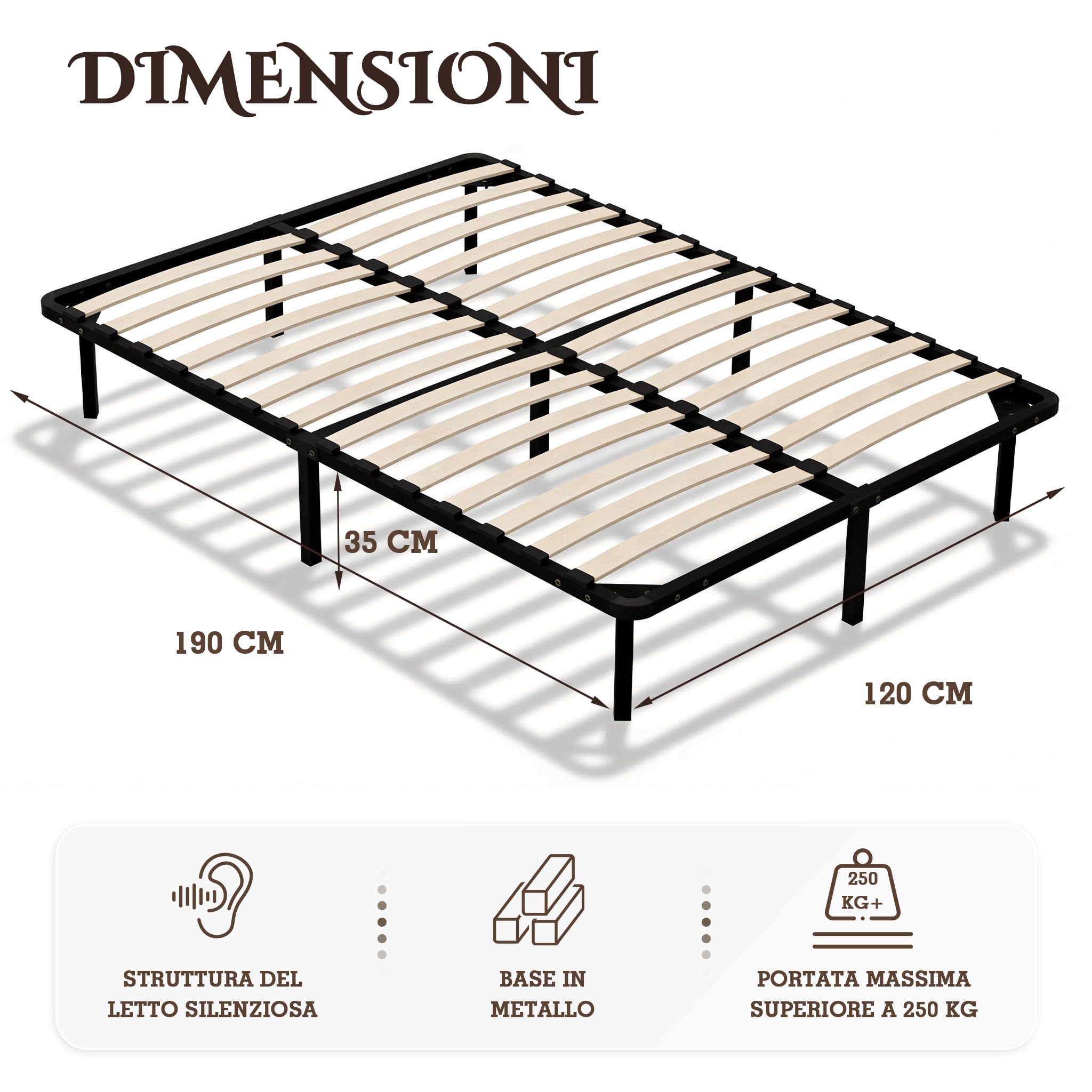 DEWINNER Rete Una Piazza e Mezza 120x190 | Altezza 35cm | 9 Gambe | 2x14 File di Doghe | Rete Ortopedica | Letto una piazza e mezza rete 120x190 | Da montare | Per Letto Cameretta