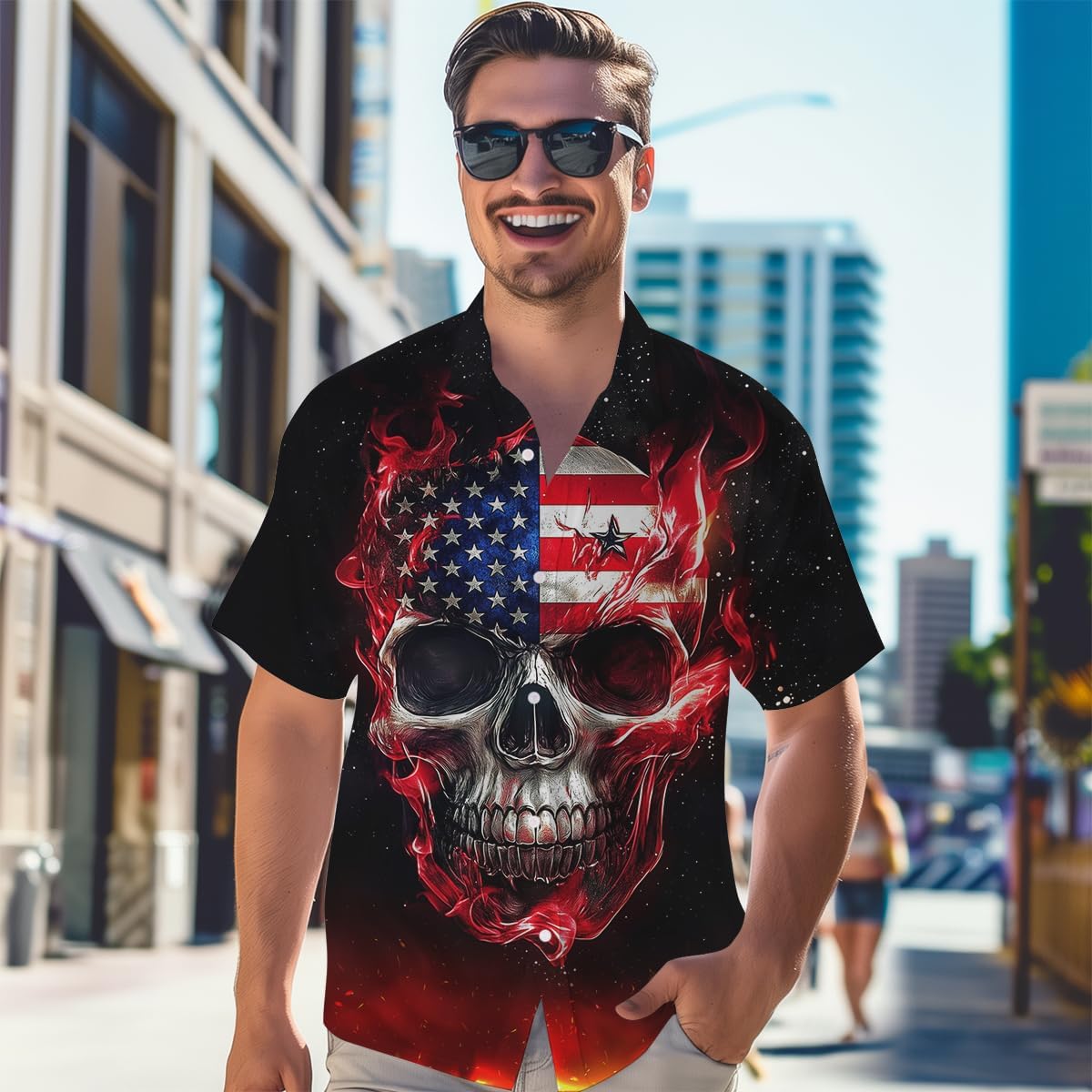 American Flag Skulll Mens Hawaiian Shirt Short Sleeve 3D Graphic Button Down Shirts Tropical Holiday Beach Aloha Shirts - Image 6