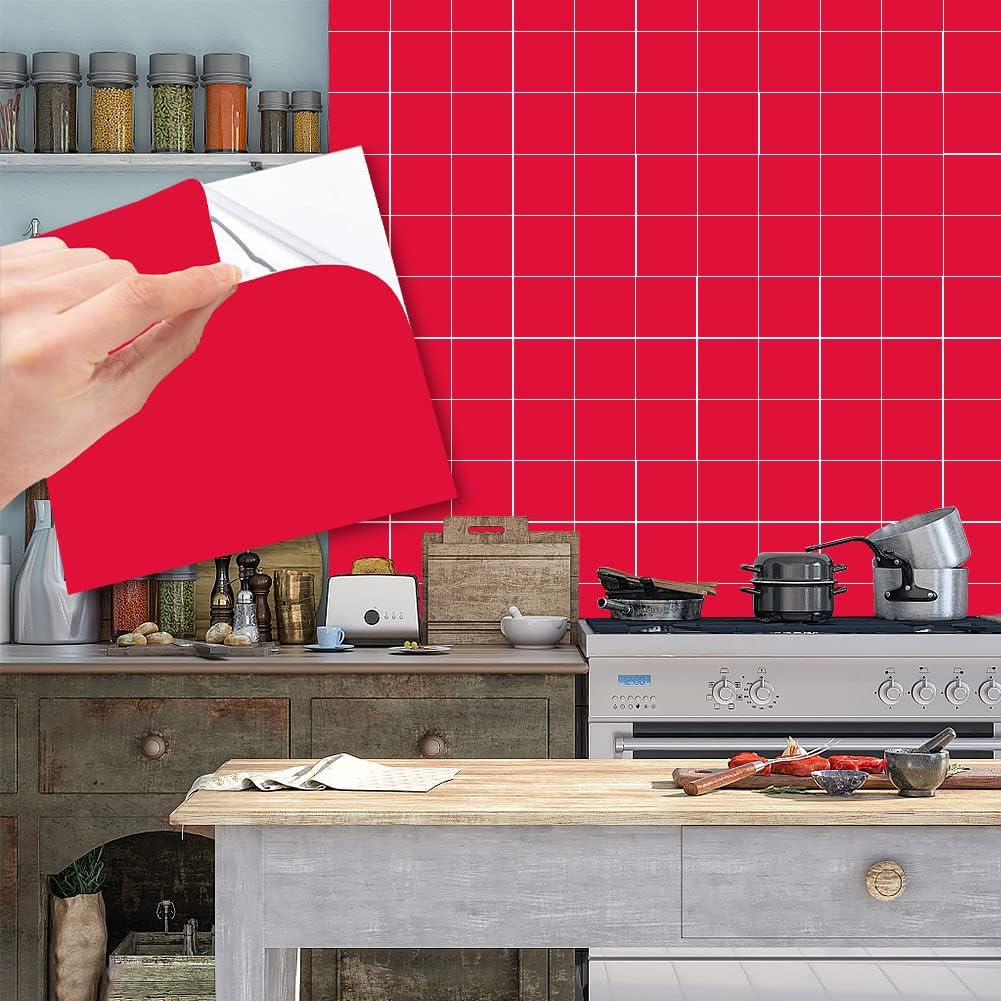 Tile Stickers, 50pcs Peel and Stick Tile Stickers Self Adhesive 6'' x 6'' Wall Sticker Waterproof OilProof Removable for Kitchen and Bathroom Home Decor (Red )