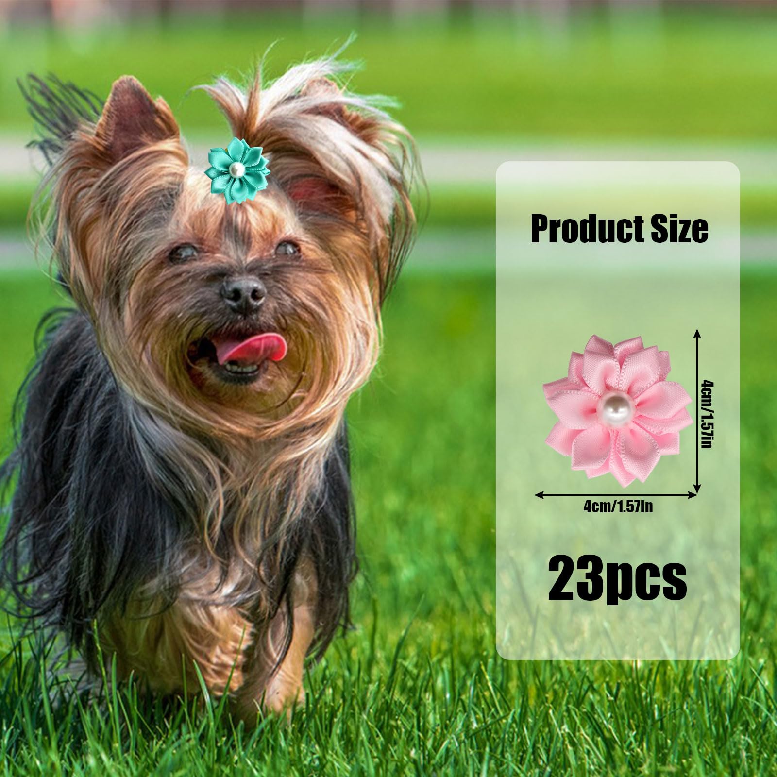 Dog Hair Bands, 23 Pcs Multicolor Flower Pearls Dog Hair Bows with Elastic Rubber Bands - Image 2