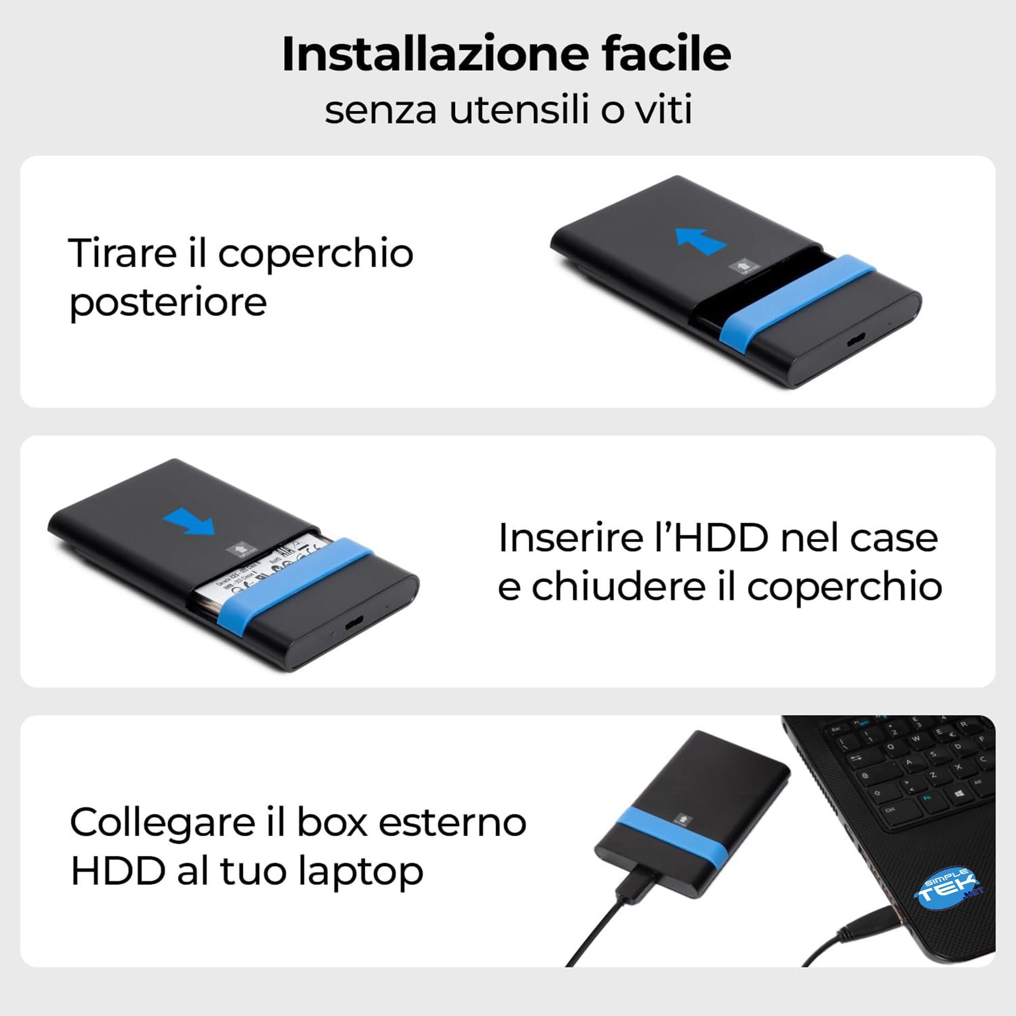 SIMPLETEK - Festplatte 1TB SATA III + Externes Gehäuse 2,5" USB 3.2 Gen1, GS-15U3, 20cm Kabel, 6Gbps (Generalüberholt)