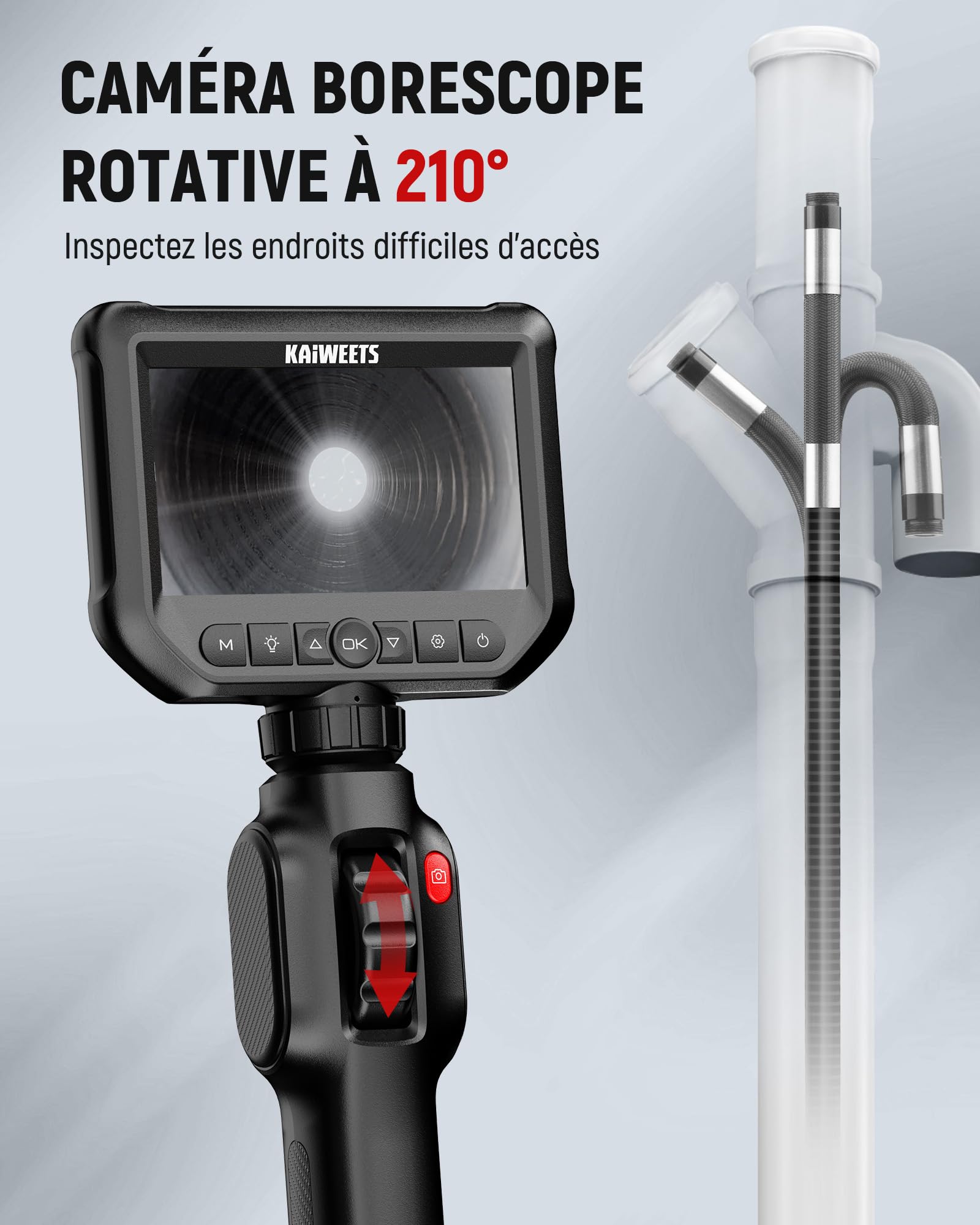 KAIWEETS Camera Endoscopique, 4.3" 1080P HD Endoscope avec Molette de Défilement, Rotation Bidirectionnelle à 210 °, 2M Caméras D'inspection IP67 Étanche pour l'inspection Automobile et de Tuyaux