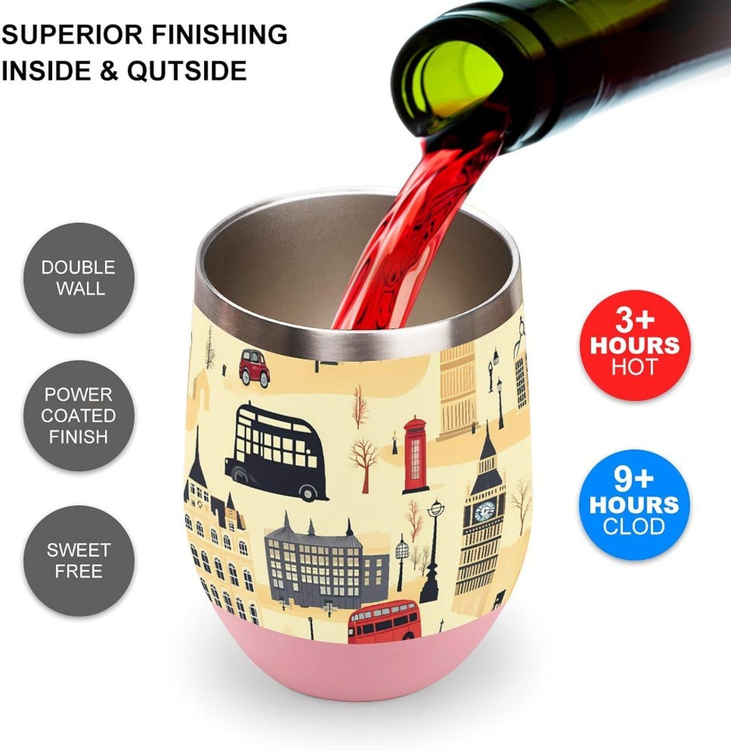 London England Souvenir UK Insulated Tumblers Stainless Steel Coffee Mug Wine Tea Cup for Travel Pink-style