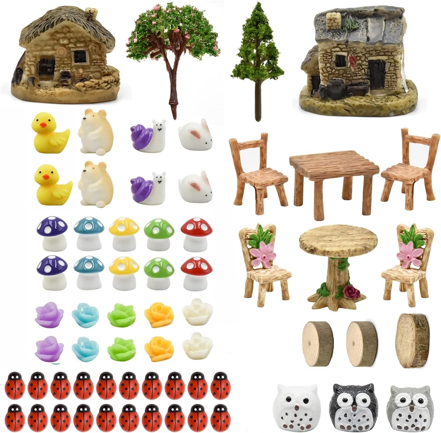 64 Pieces Miniature Fairy Garden Accessories Mini Animals Miniature Ornament Kit Outdoor Figurine Mushroom House Resin Ladybug Owl Dwelling for Dollhouse Decoration Plant House Decor