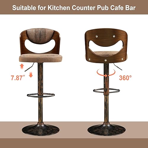 Miniatura 7 de VECELO Juego de 2 taburetes de bar con respaldo de madera curvada, reposabrazos y reposapiés, asiento acolchado de piel sintética, taburetes de bar