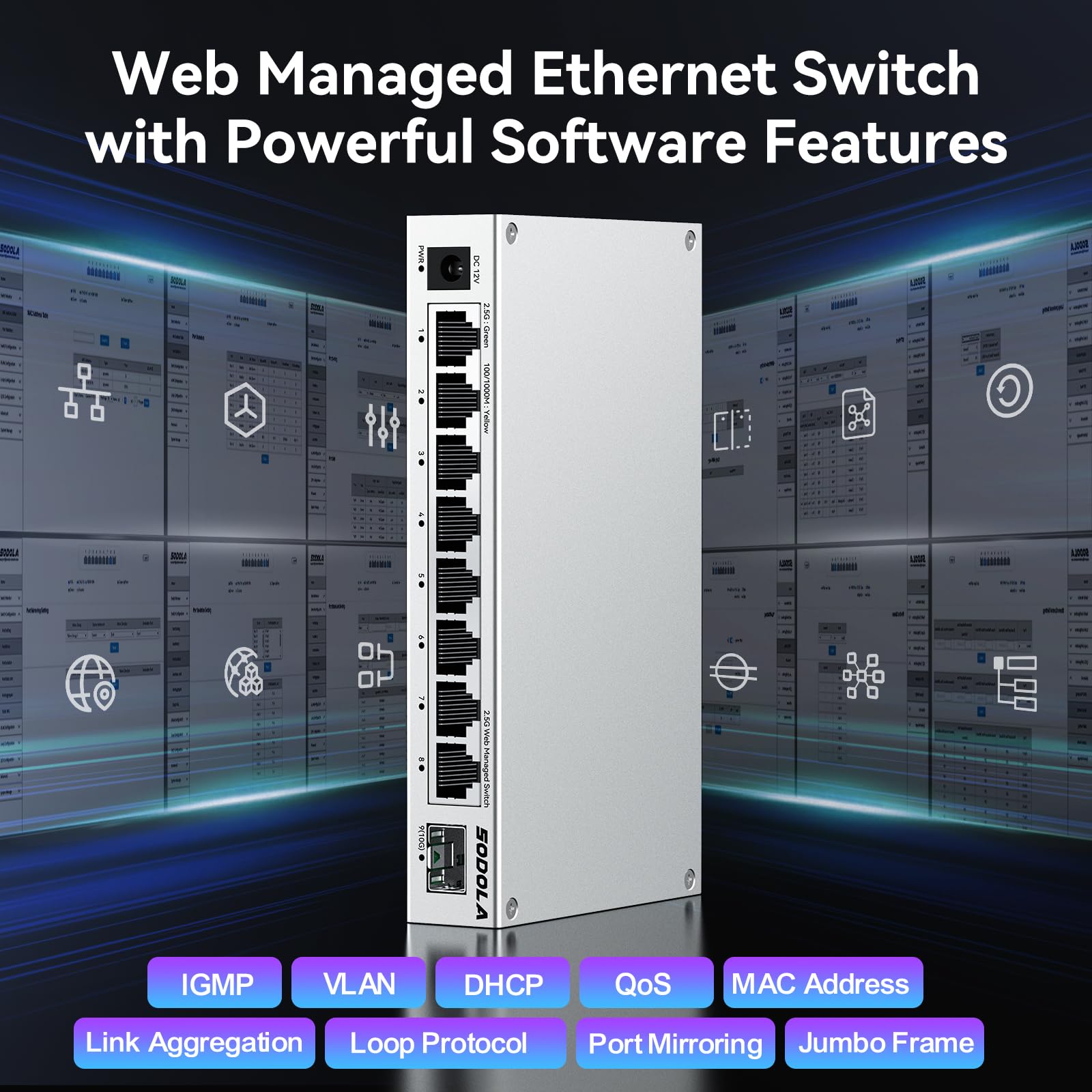 SODOLA 8-Port 2,5Gb Web Managed Switch,8X2.5G Base-T&1X10G SFP+ | Aluminium-Kühlung & Magnetfüßen – LACP/QoS/VLAN/IGMP Verwaltbarer Multi-Gigabit Switch für Homelab & Professionelle Netzwerke