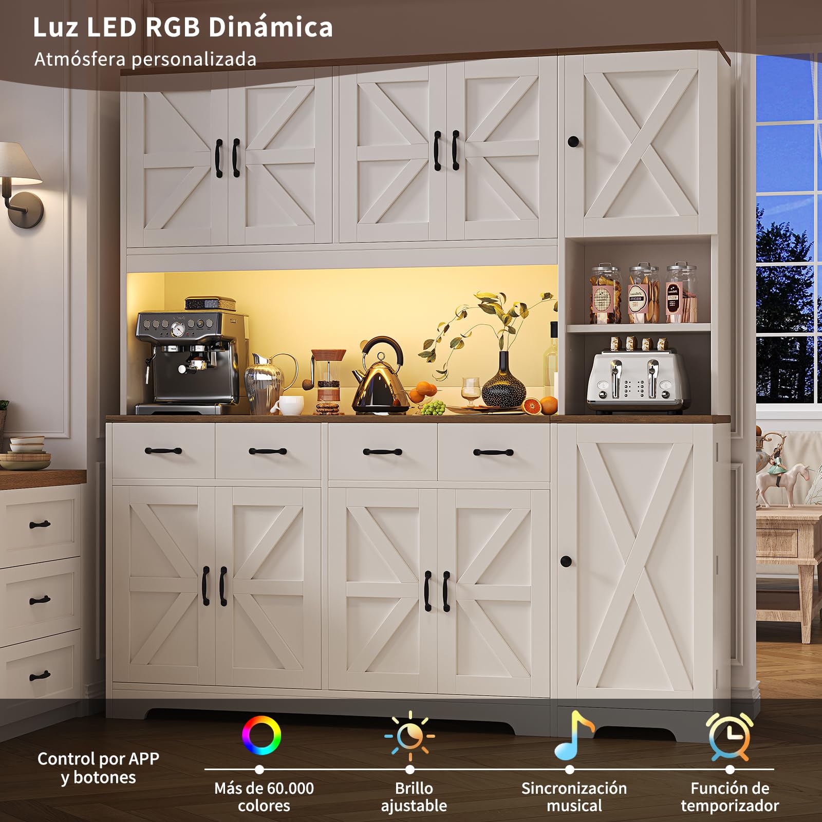 Alacena cocina 180 cm LED carga 4 cajones 6 estantes ajustables – Organizador cocina rústico, mueble auxiliar comedor Blanco