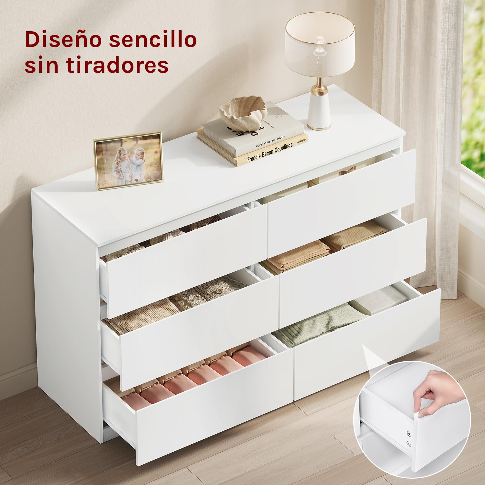 WOLTU Cómoda Cajonera, Cajonera Organizador | 6 Cajones, Moderno, Almacenamiento para Dormitorio, Salón y Pasillo, 120x40x75 cm, Blanco