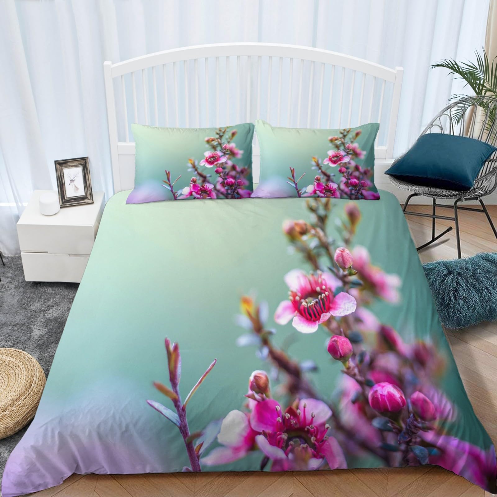 BanbE zestaw pościeli na łóżko super king-size, kolor różowy, kwiat śliwki, zestaw 3 szt., 220 x 260 cm, mikrofibra, hipoalergiczna poszewka na kołdrę, zestaw pościeli z poszewkami na poduszki, dla