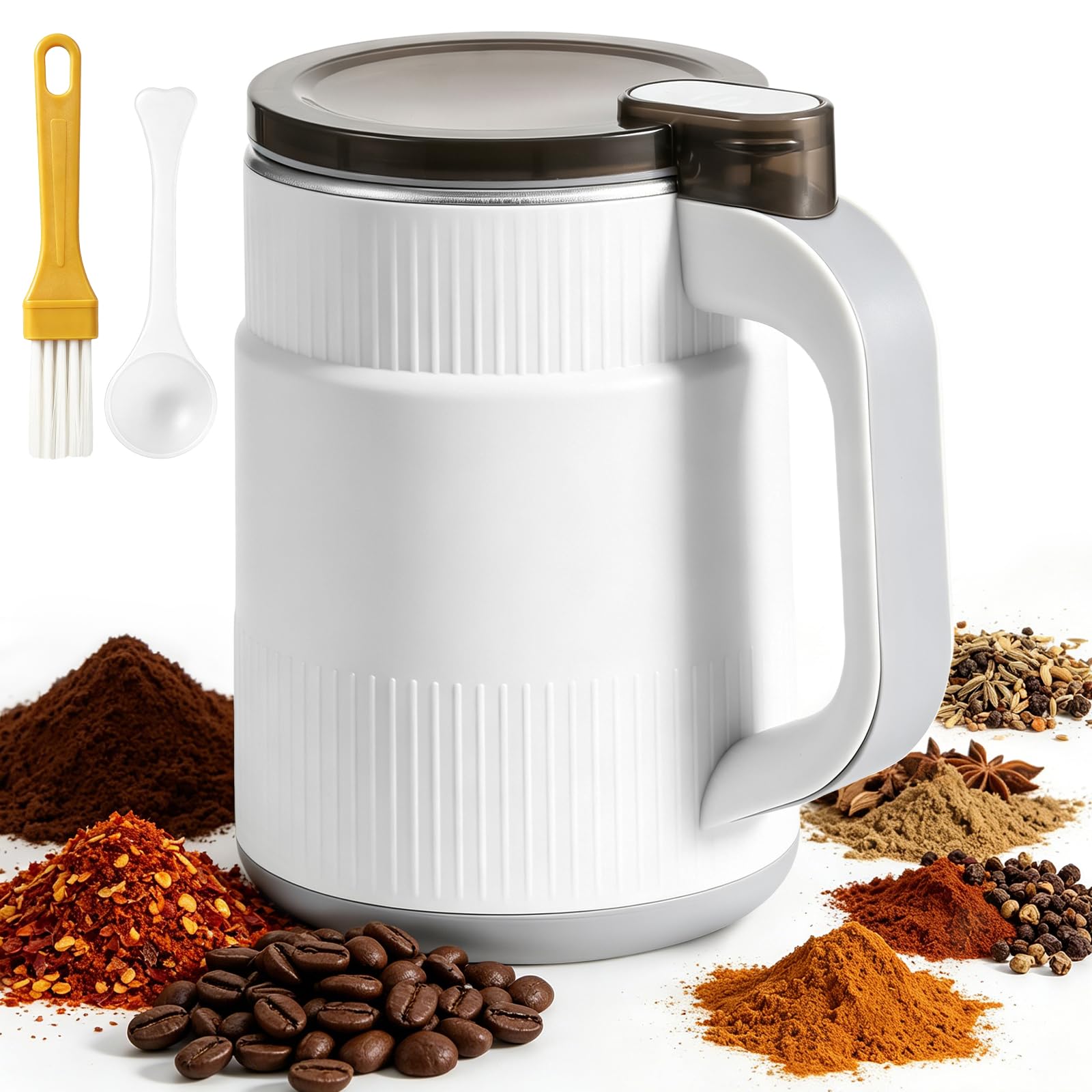 Bryzal Spice Grinder Electric, 200W 500ml 304 Stainless Steel Blade One-Touch Electric Spice Grinder, Fast Electric Coffee Grinder for Beans, Herbs, Spices, Nuts, and Grains at Home (White)