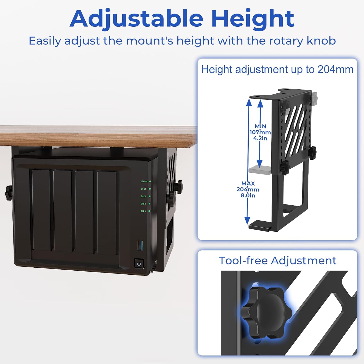 Metal Under Desk Mount for NAS Adjustable Mounting Bracket for Desktop NAS 1/2/4 Bay Network Attached Storage Under Desk Holder for NAS/Small PC/SFF Desktop Tower/CPU/UPS and More with Cable Ties 4