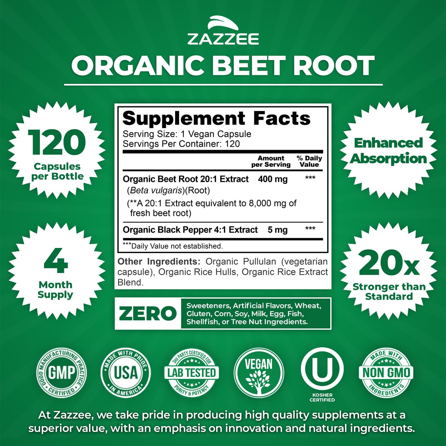 Zazzee USDA Organic Beet Root 20:1 Extract, 120 Quick Release Capsules — Amazon image 3