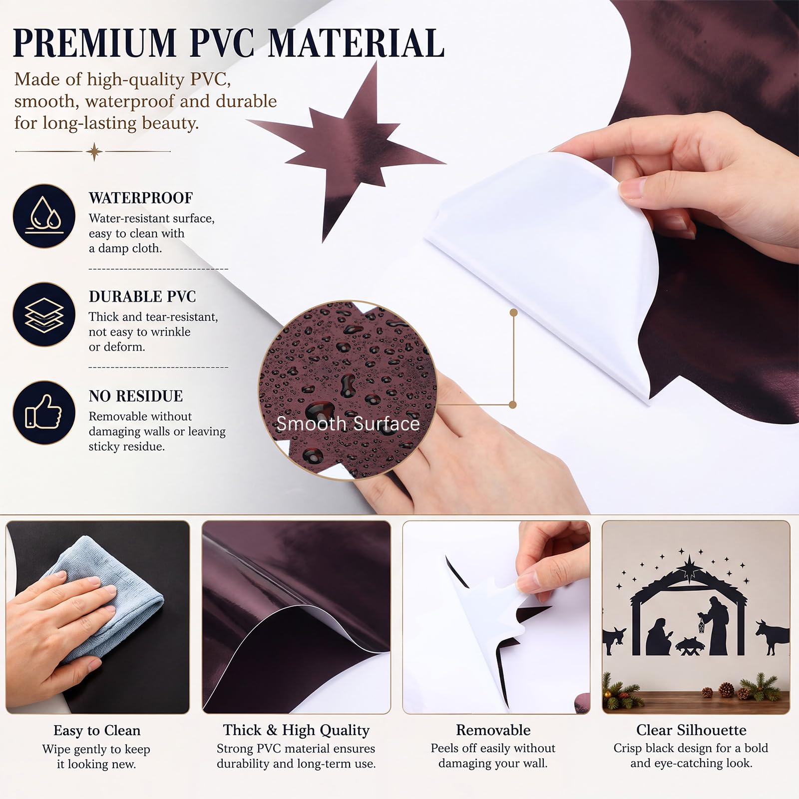 Breling Lot de 4 grandes feuilles d'autocollants muraux en PVC pour crèche de Noël Noir
