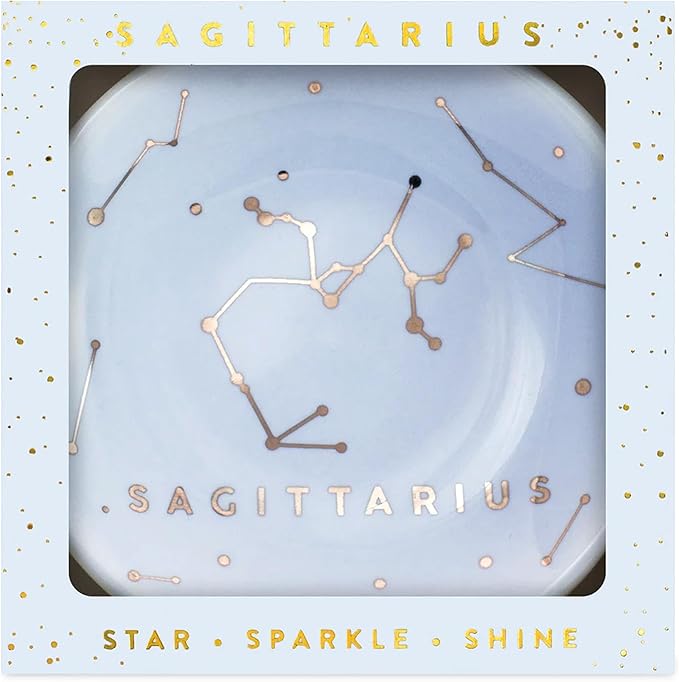 Lucky Feather Sagittarius Zodiac Ring Dish for Women – Glazed Ceramic Jewelry Tray with Astrological Constellation Depicted in Opulent Metallic Gold