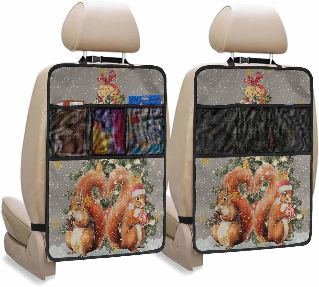 Car Seat Protector, 2 Pack Kick Mats with Organizer - 3 Pocket Storage, Merry Christmas Squirrel Xmas Tree Snowflake Linen Grey Back Seat Cover for Kids Universal Fit Automotive Interior Protectors