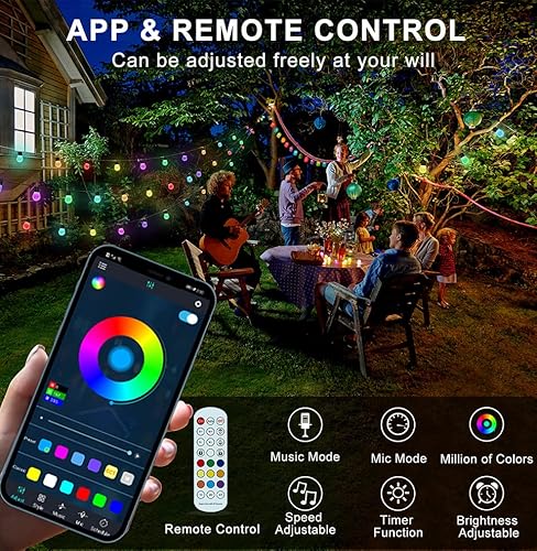 Muzhiya Outdoor String Lights - 49Ft Patio String Lights For Outside With App & Remote Control, Christmas Lights Waterproof Shatterproof With 8 Dynamic Modes For Party, Backyard, Balcony, Garden #TOP2