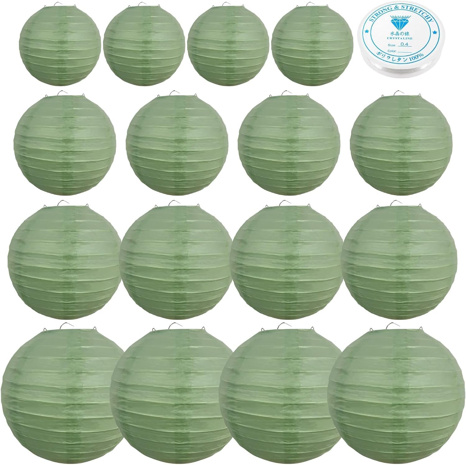 16pcs Sage Green Paper Lanterns, Sage Green Lampshade with Suspension Line, Hanging Round Paper Lamps for Home Decor Rustic Decor Wedding Bridal Shower Birthday Party Decoration(4" 6" 8" 10")