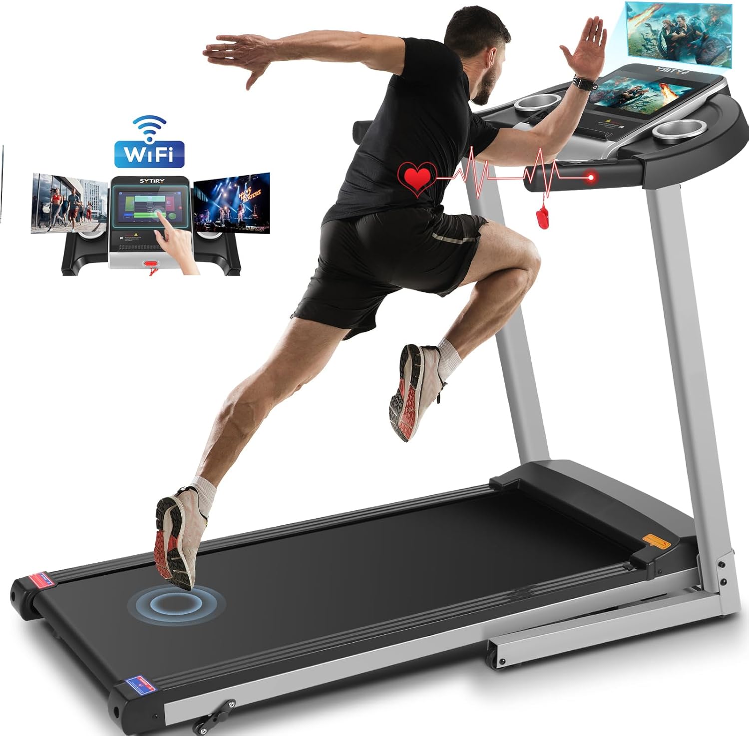 FUNMILY Foldable Treadmills for Home with Incline, Heavy Duty Treadmill with TV Screen and WiFi, 3.25HP Smart Electric Walking Pad Running Machine with 10” Touchscreen and 3D Virtual Sports Scenes