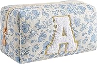 Gleyemor Personalized Initial Quilted Makeup Bag for Women - Cute Blue Floral Cotton Cosmetic Pouch, Ideal Christmas Gift for Mom, Sister, Bridesmaid