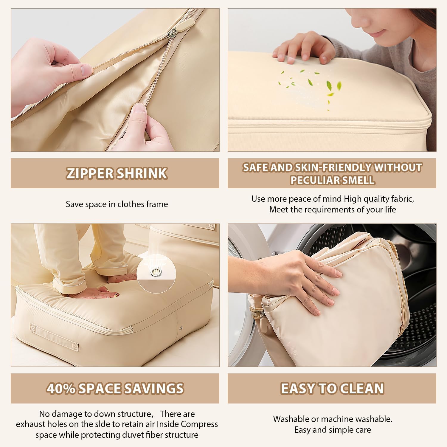 Ultra Space Saving Self Compression Organizer, Storage Tote for Space Saving,Packing Bags Clothes Storage Bags Self Compression Organizer for Comforters, Blankets, Bedding (Beige 1PC)