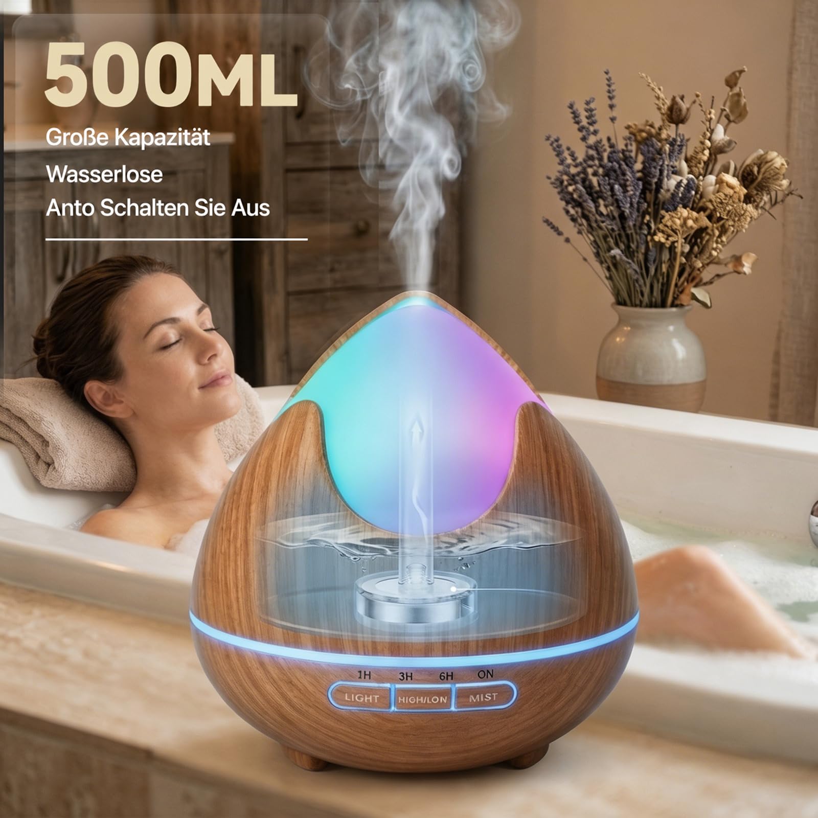 Aroma Diffuser für Ätherische Öle 500 ML, Ultraschall Luftbefeuchter, Aromatherapie Öle Diffusor mit 14-Farbigem LED-Licht, 4 Timer Einstellung