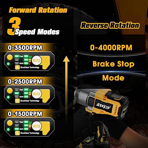 Miniatura 5 de Llave de impacto inalámbrica, pistola de impacto de 12, 958 pies-libras (1300 N.m) 3500 RPM destornillador de impacto de alto par sin escobillas, 2