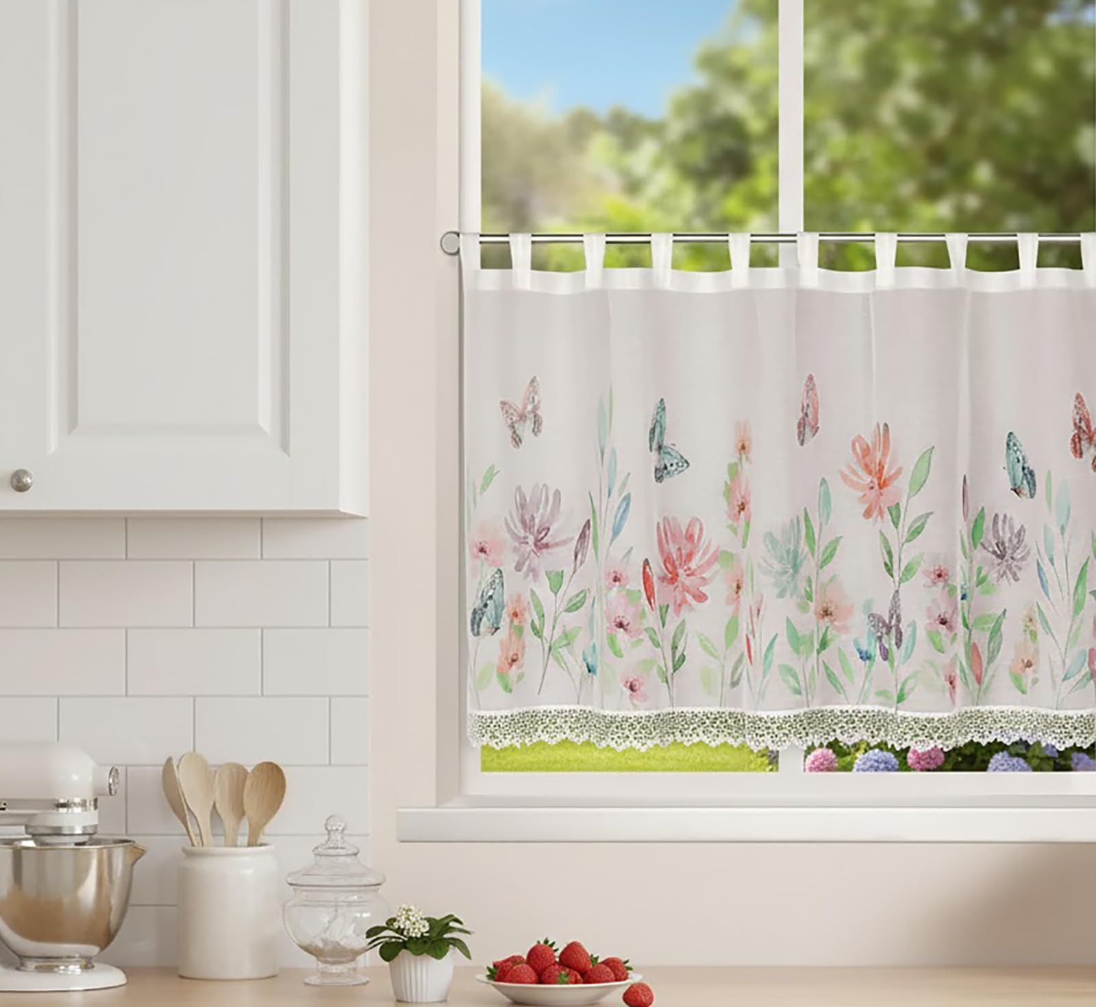 KAMACA Tenda da bistrò con passanti, tenda corta da cucina, trasparente, con passanti in voile, pizzo (altezza x larghezza 60 x 140 cm, Theresia)