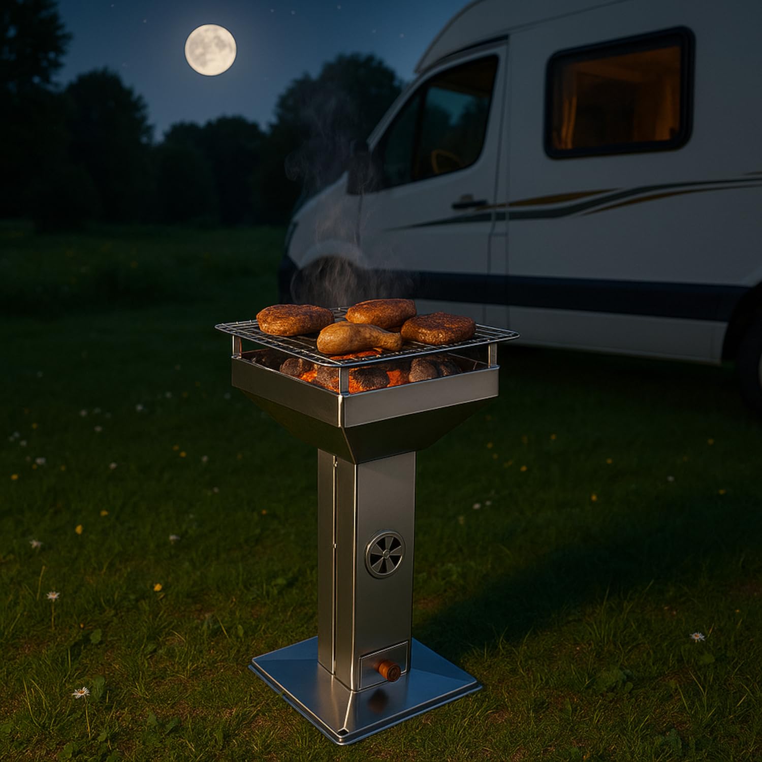 Säulengrill Holzkohle 82 cm Höhe – Holzkohlegrill Edelstahl mit verstellbarem Verchromtem Grillrost 36,5x36,5 cm Standgrill verwendbar als Feuerschale Kohlegrill