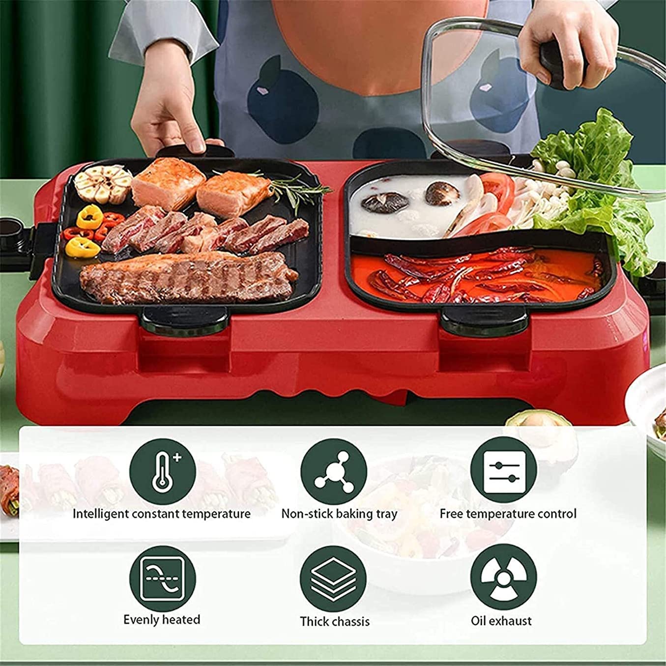 Parrilla Eléctrica Plancha de Asar Parrilla eléctrica multifunción sin Humo para Olla Caliente, Barbacoa 2 en 1, Olla para Hornear de Limpieza extraíble, Control de Temperatura Dual Separado LSDRA