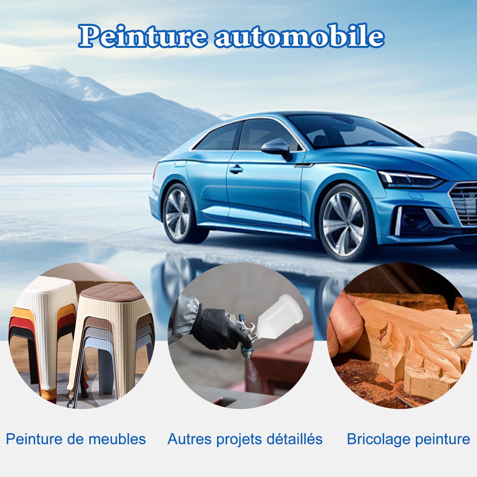 HVLP Professionale Pistola a Verniciatura con 3 Ugelli 1,4/1,7/2,0mm Tazza 600cc Alimentazione a Gravità Kit Spruzzo, HVLP Mobili Auto Pistola Riparazione (Blu)