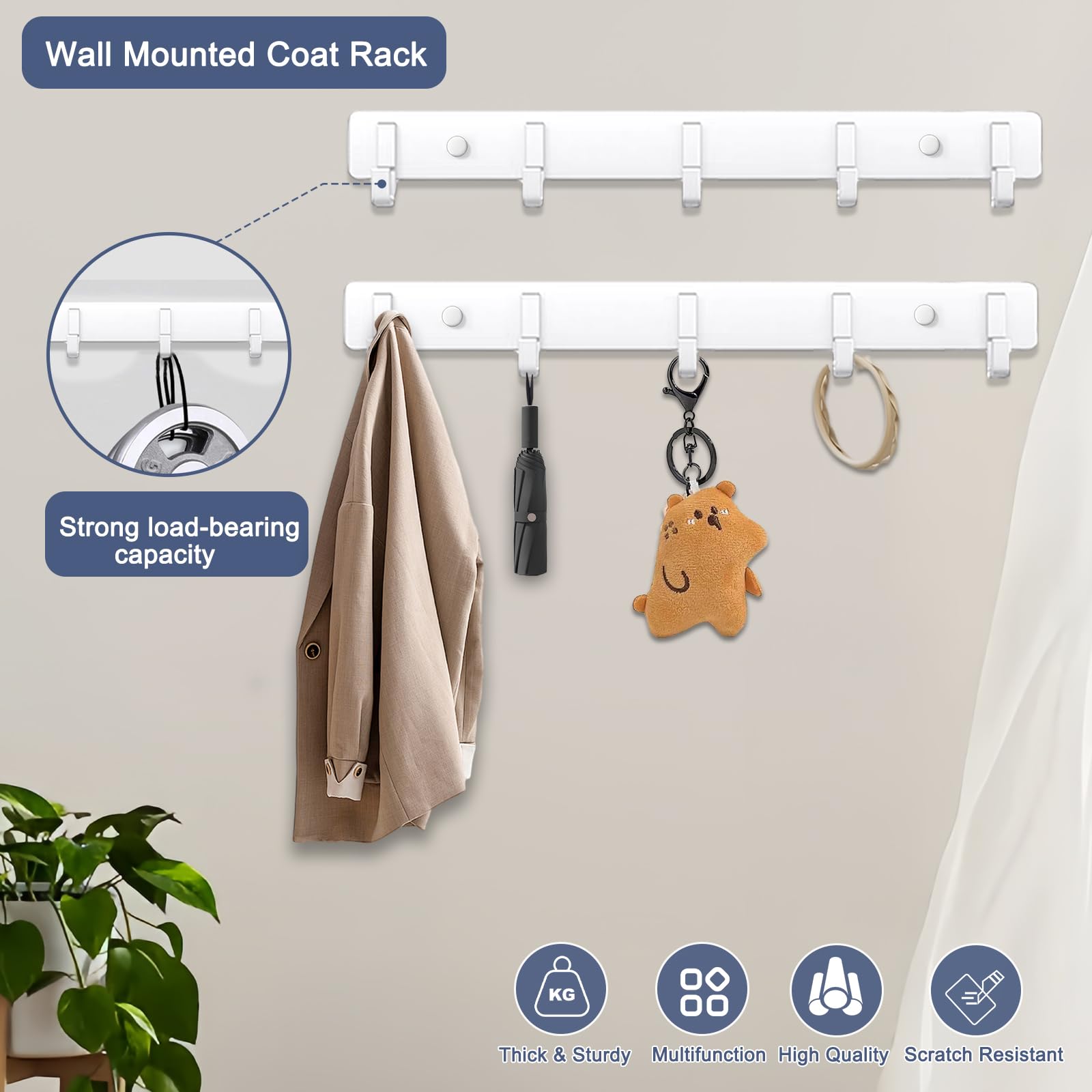 Bosdontek 2 Pack Wall Coat Racks, Heavy Duty Coat Hooks Wall Mounted Clothes Hanger Rustproof Coat Racks Multi-Purpose Wall Hooks Coat Rack for Clothes, Hats, Bags - 2Pcs (White) - Image 3