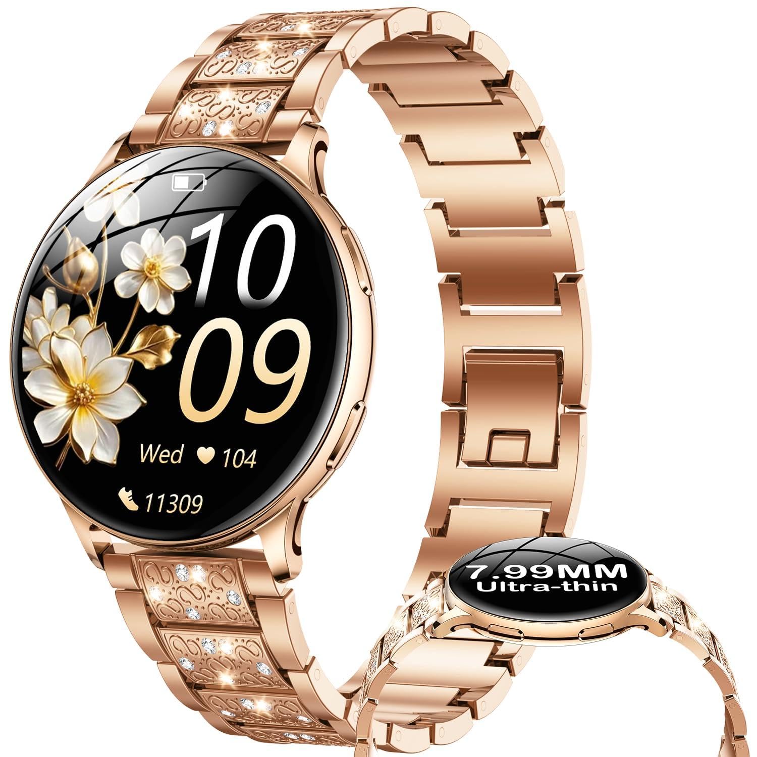 Montre Connectée Ronde 1,39" HD - Appel, Santé, Femme, Bracelet Acier Rose