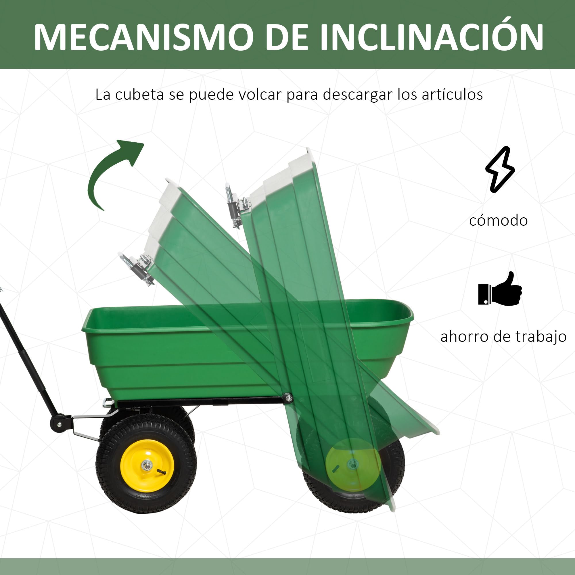 Outsunny Carro de Jardín Basculante Carga 200 kg Capacidad 125 L Carretilla de Transporte Carro para Playa con Marco de Acero y 4 Ruedas Neumáticas Verde
