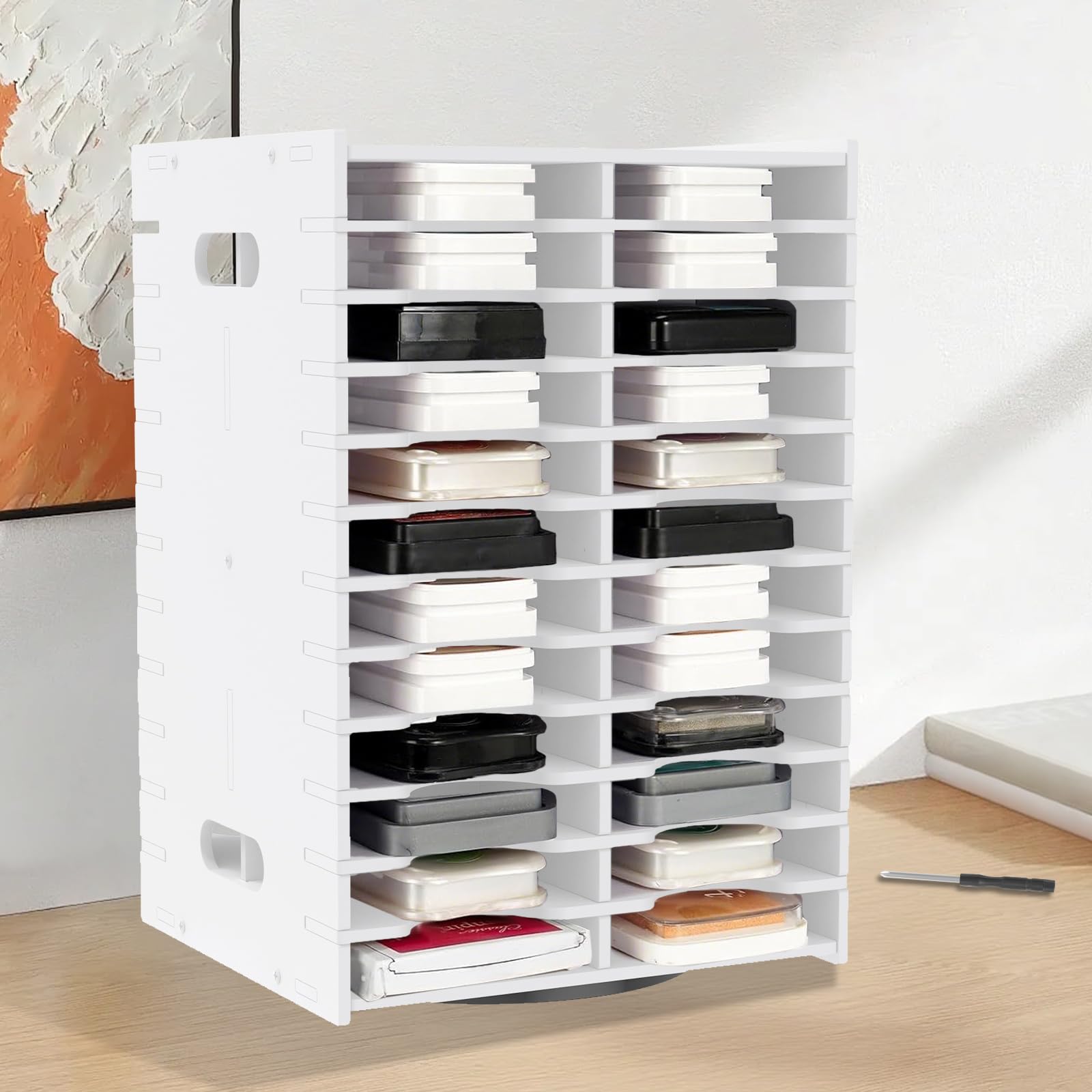 QINGLANG Ink Pad Holder Rotatable Stamp Pad Storage Rack 48 Slot Paint Storage Box Mini Archival InkPad Tray Waterproof Craft Supply Organizer Plastic Easy Access for Office Workshop Desktop Use
