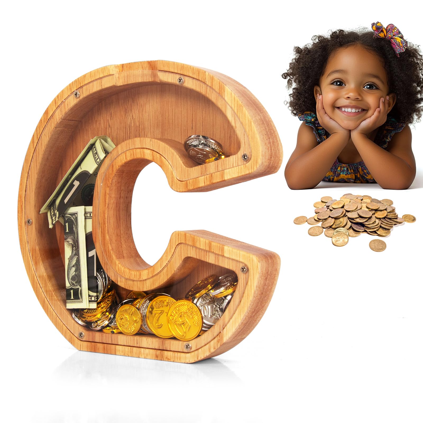 WOODENFUN Wooden Letter Piggy Bank, 7 in Piggy Bank for Boys Girls Toddler, Alphabet Money Bank, Coin Bank Birthday Gift for Kids