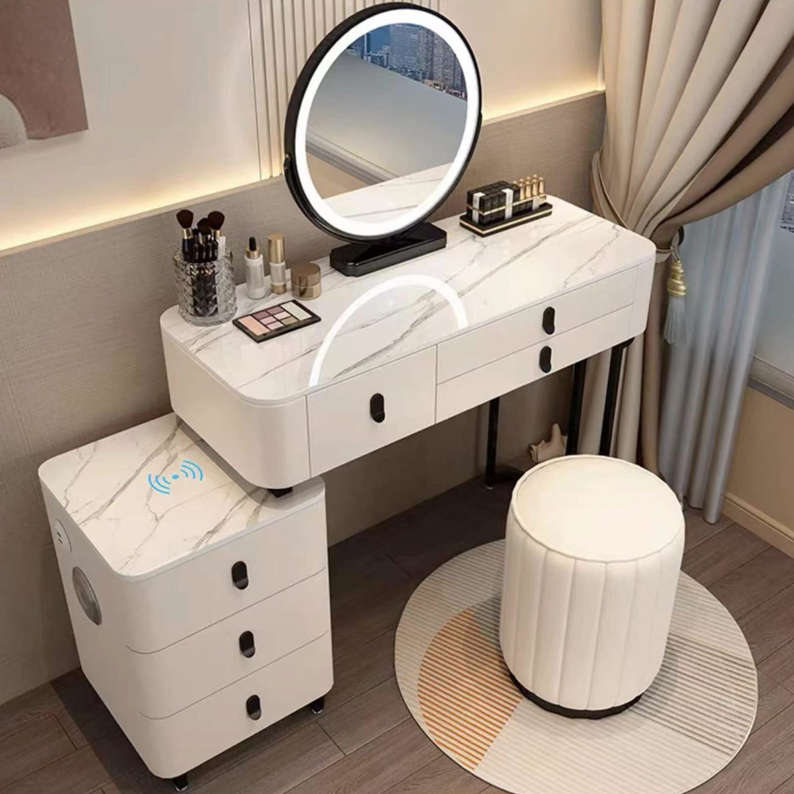 asdchZen White Makeup Vanity Desk Set With Cushioned Stool, Lighted Mirror, Tempered Glass Top, Movable Drawer Chest, Charging Station, 100Cm Dressing Table,White+slate a-80cm/31.5in