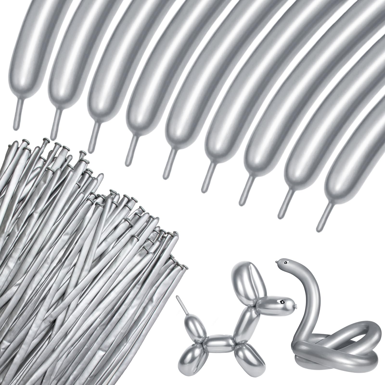 100Pcs 260 Balloons Metallic Silver Long Balloons for balloon animals, silver Skinny Latex Twisting Balloon for Animals Modeling Christmas Birthday Wedding Party Decorations.(Sliver)