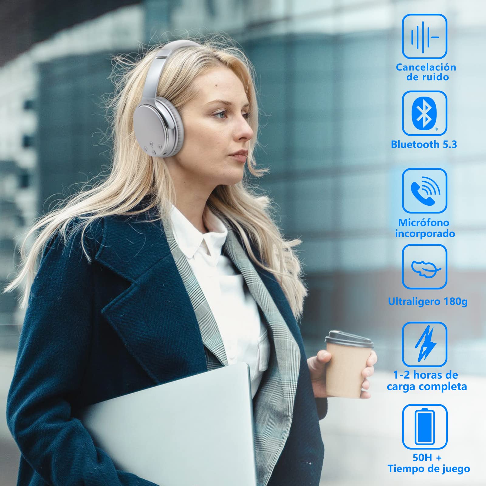 Srhythm NC35 Active Noise Cancelling Kopfhörer,Faltbar,Kabellos,Bluetooth 5.0,Over-Ear mit USB-C Schnellladung,Mikrofon,Sprachanruf,50+ Std. kompatibel für iOS Android TV PC(Generalüberholt)