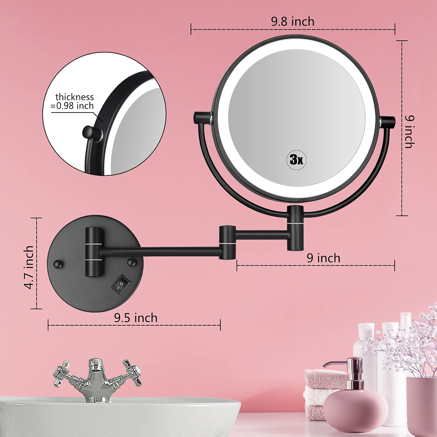 Grеаtеѕt Prоduсt Wall Mounted LED Makeup Mirror, 3X Magnifying Vanity Mirror with 8 Inches Double Sided 360° Swivel Mirror for Bathroom (Matte Black) Suреr Dеаl Prоduсt Wall Mounted LED Makeup Mirror, 3X Magnifying Vanity Mirror with 8 Inches Double Sided 360° Swivel Mirror for Bathroom (Matte Black)