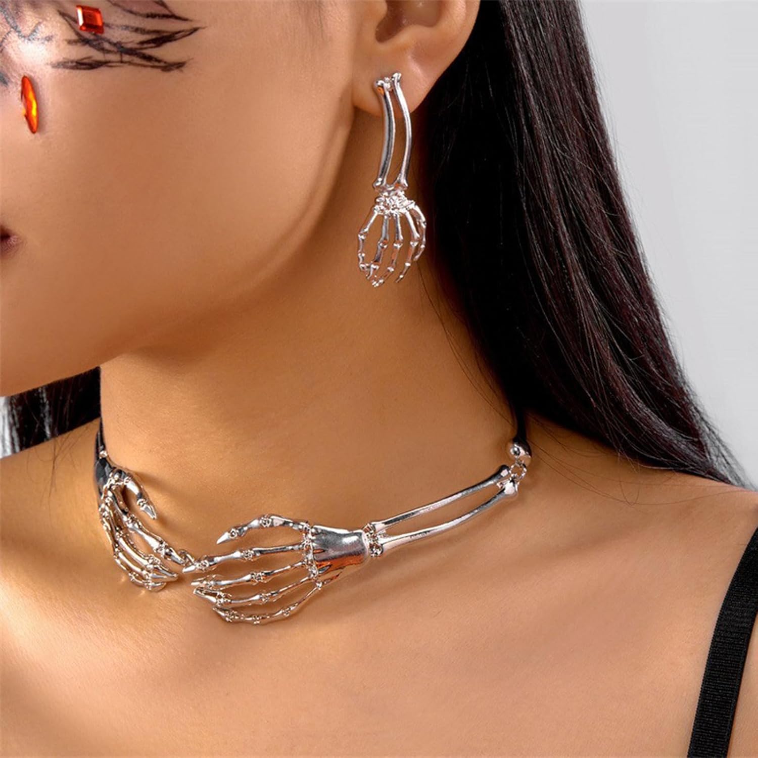 Halloween Skull Hand Necklace Earrings Set for Women Men Punk Skeleton Hand Choker Necklace Ghost Hand Earrings Gothic Jewelry Set Gifts - Image 3