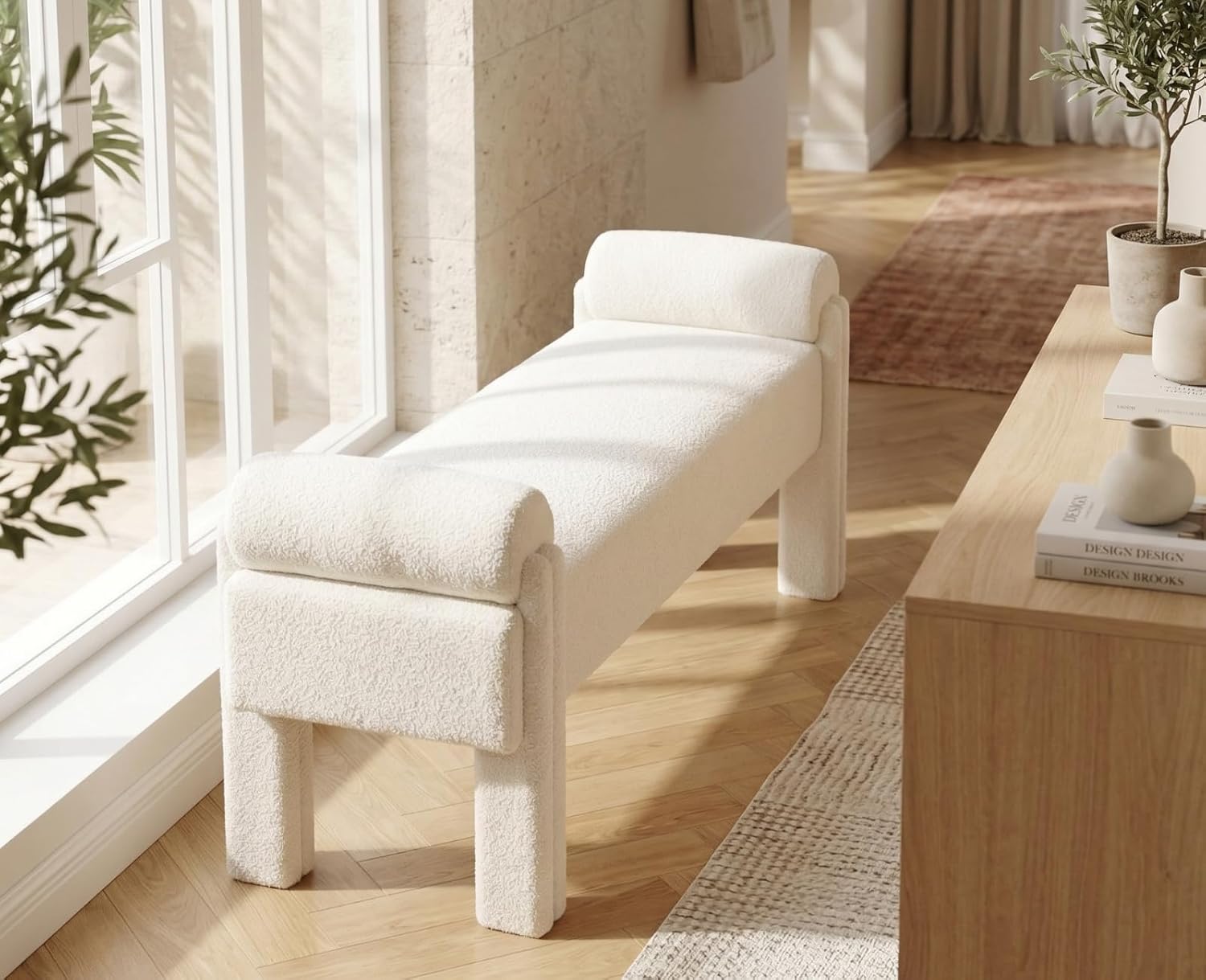 White Boucle End of Bed Bench 53 Inch Long Ottoman Sherpa Padded Upholstered Modern Bench for Bedroom/Living Room/Foyer/Entryway