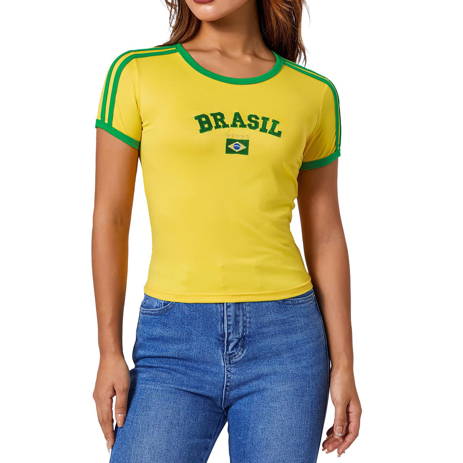 Maglietta Brasile Calcio Donna Rapida e Traspiranti Maglia da Calcio a Maniche Corte Slim-Fit Palestra Top Sportivo per Gli Appassionati di Calcio Stili Multipli S/M/L